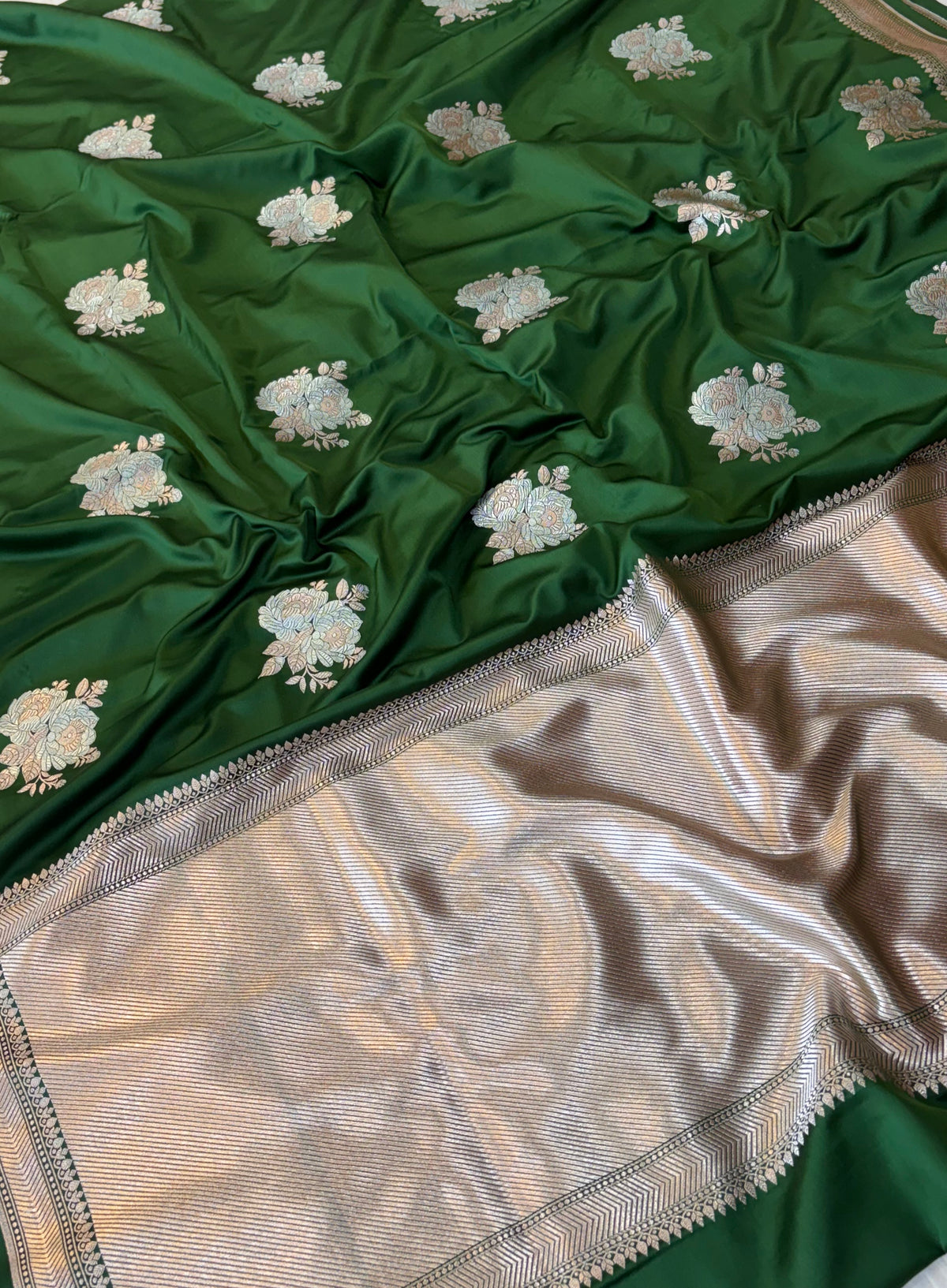 Banarasi Mashru silk saree in bottle green colour