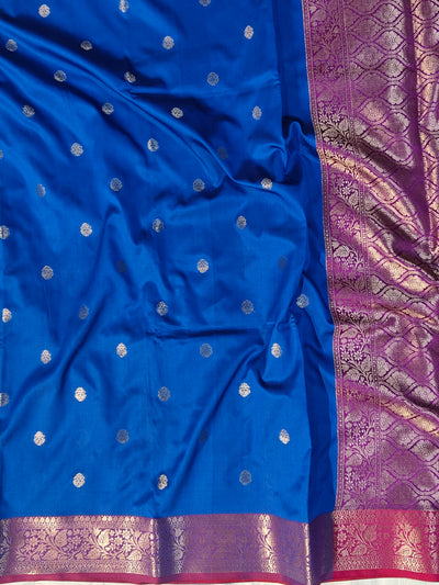 Banarasi soft katan silk saree in   blue with rani colour contrast