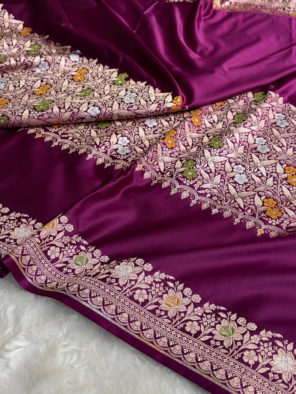 Banarasi Mashru silk meena kari work saree in magenta colour