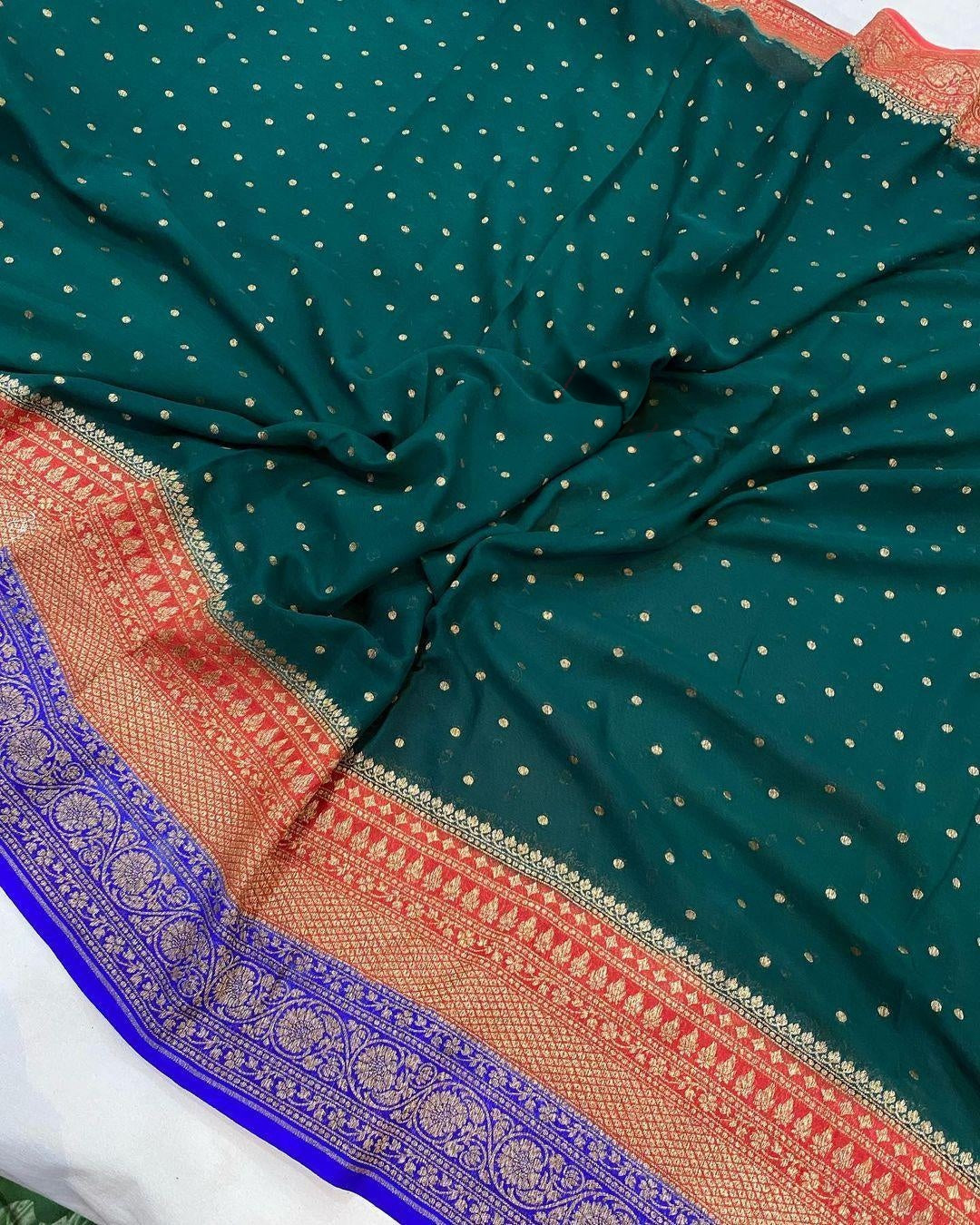 Pure georgette banarasi saree in three colour combinations (3D) with antic zari work