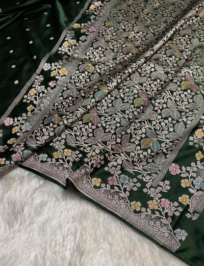 Banarasi Mashru silk saree in bottle green colour with handbrush paint work