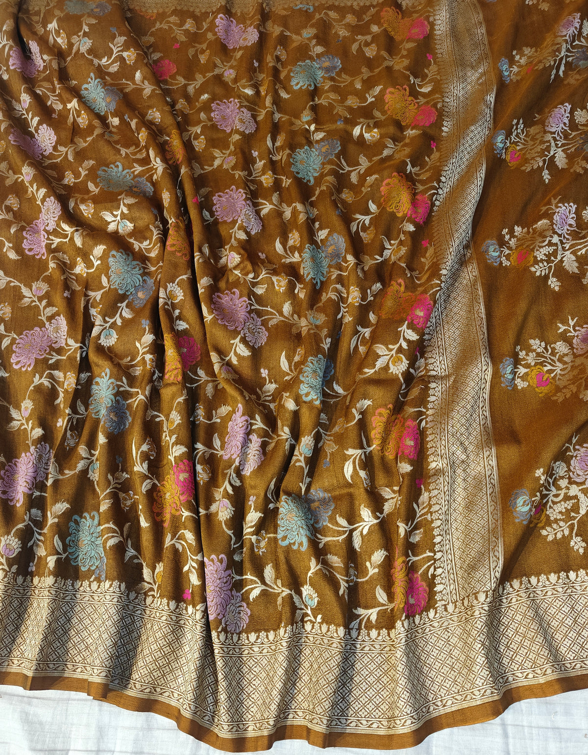 Premium Pure tussar banarasi saree in brown colour with multiple meenakari work