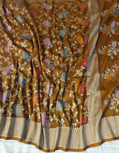 Premium Pure tussar banarasi saree in brown colour with multiple meenakari work