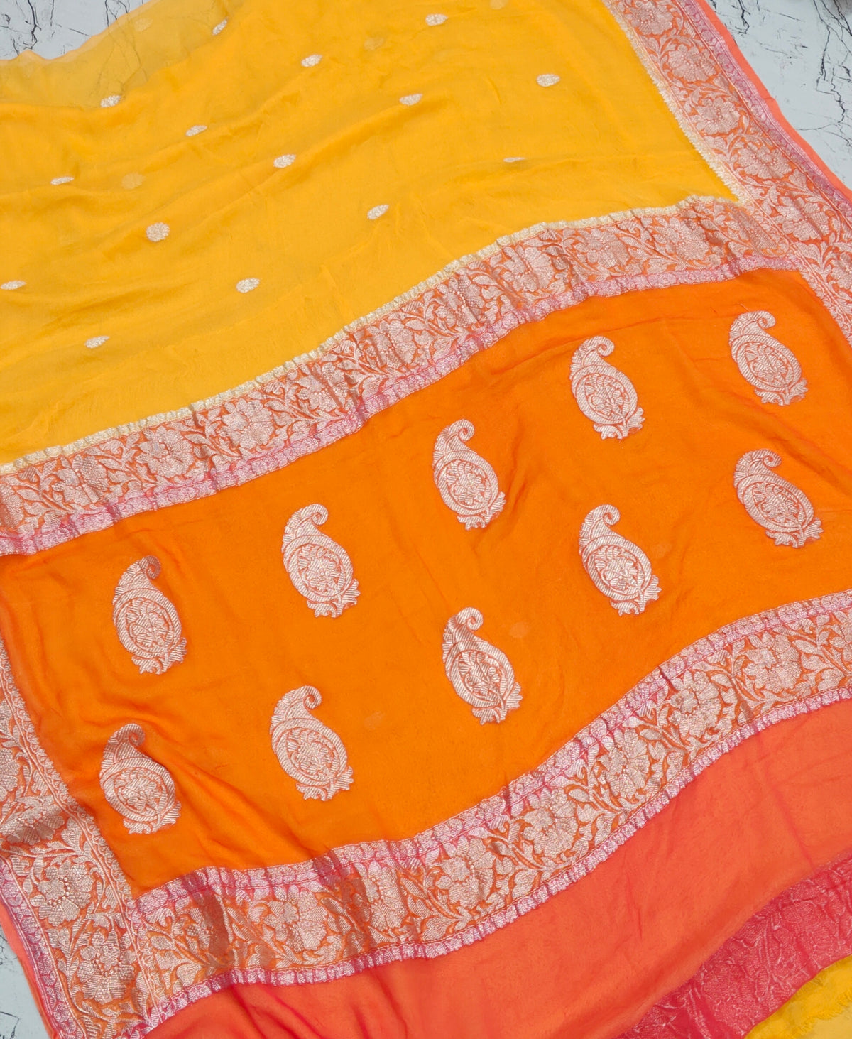 Pure khaddi chiffon saree in 3D yellow and orange colour