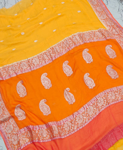 Pure khaddi chiffon saree in 3D yellow and orange colour
