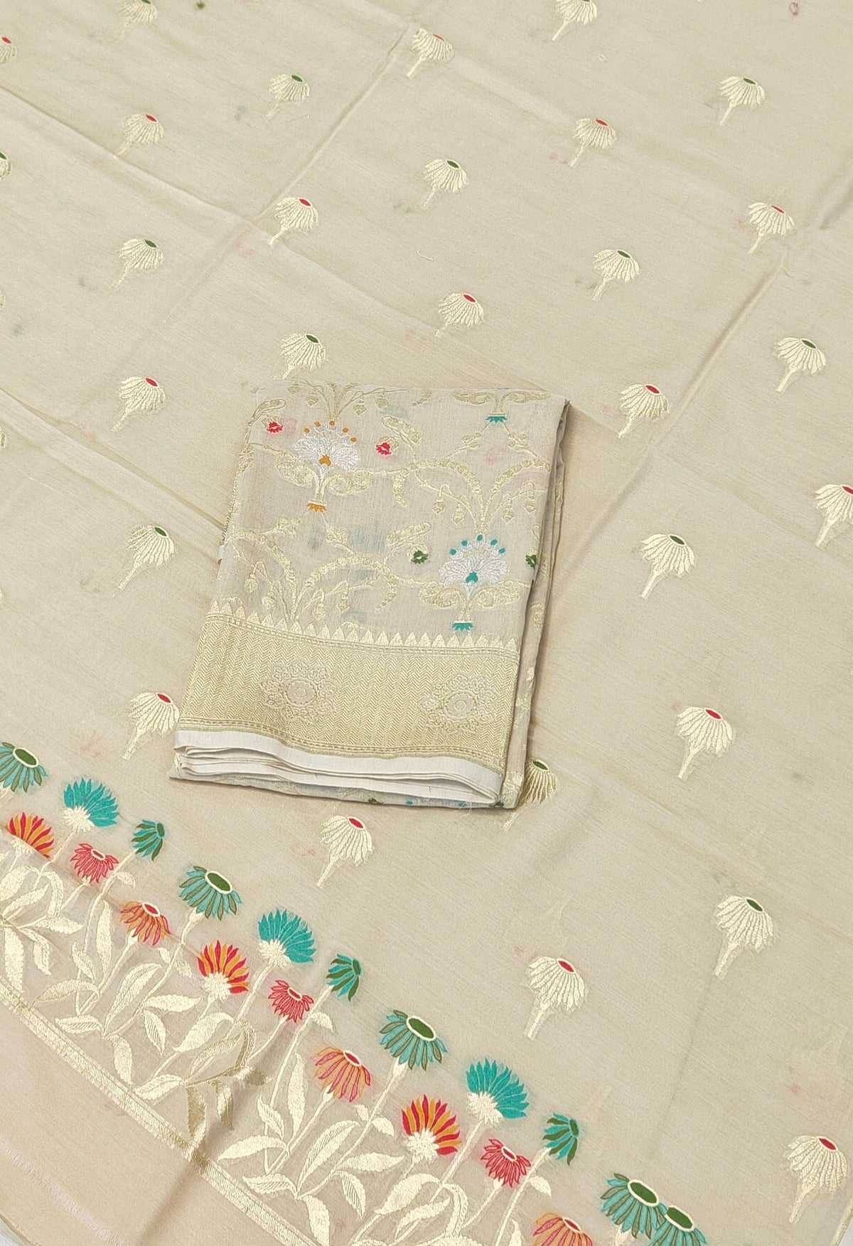 Pure moonga silk suit with meenakari work in off white colour