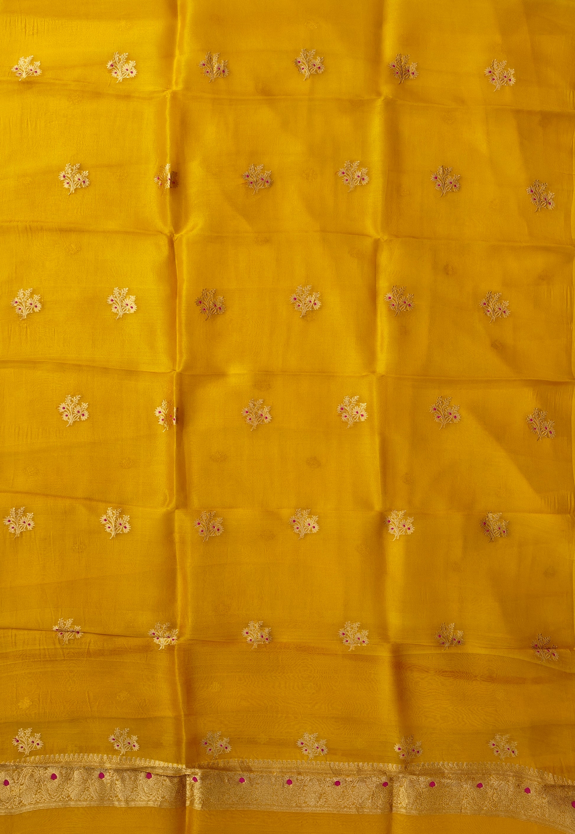 Pure Handloom Kora silk suit set in mustar yellow colour with meenakari work