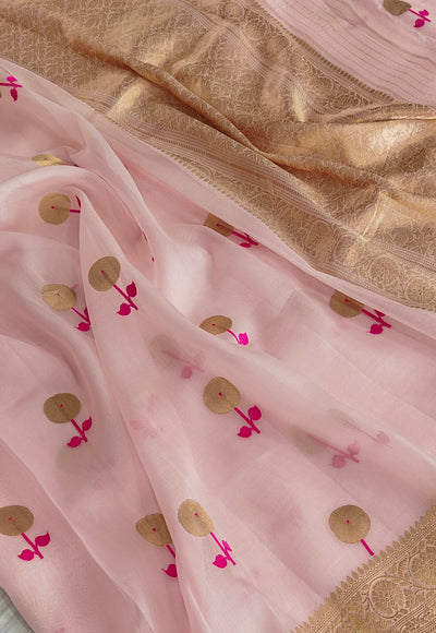 Pure handloom Kora silk saree with Meenakari in beautiful baby pink colour