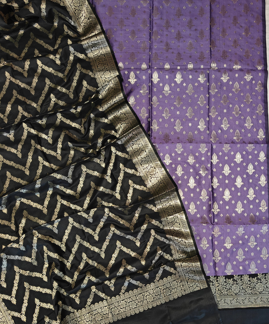 Banarasi soft silk suit in lavender and black colour combination