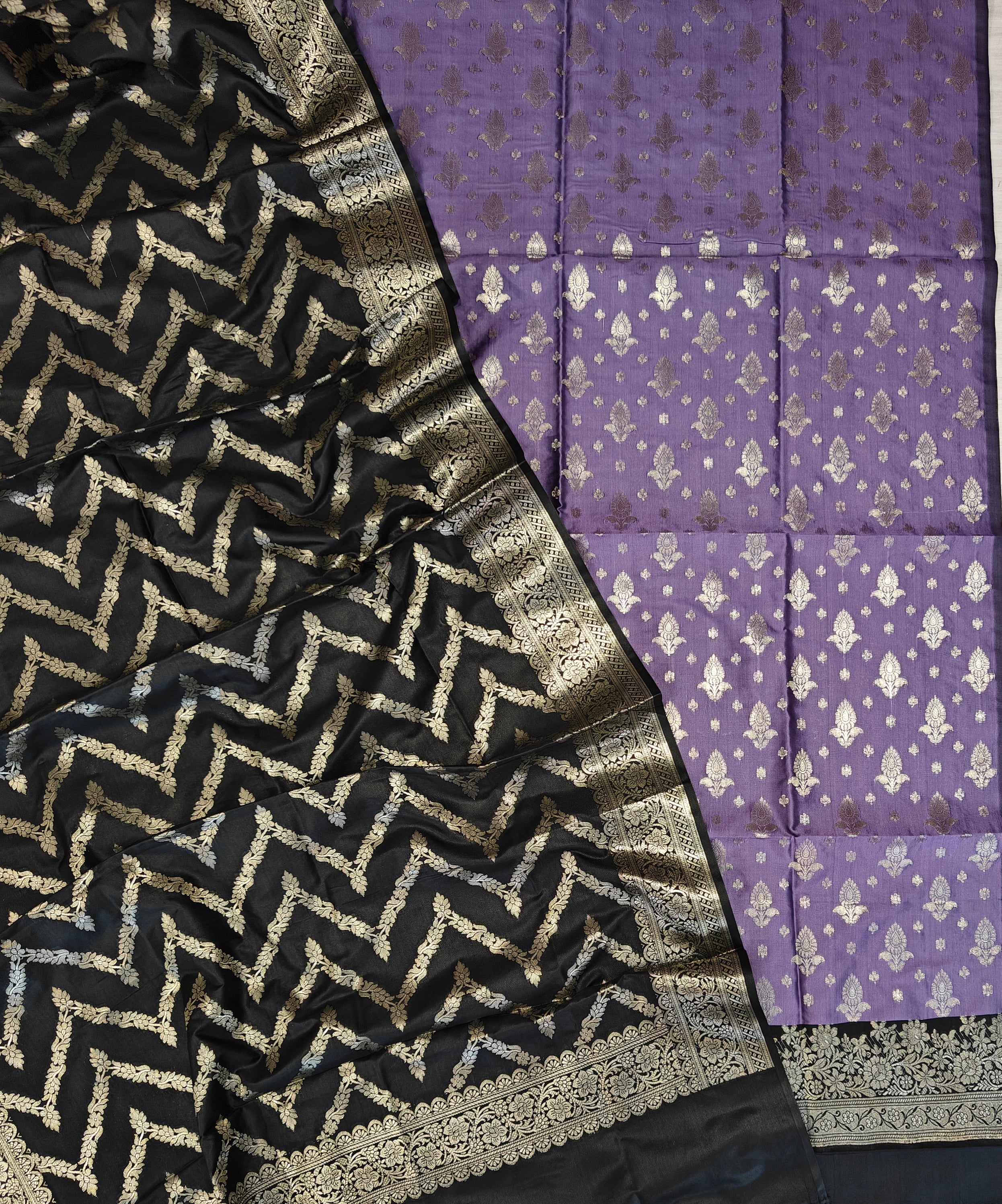 Banarasi soft silk suit in lavender and black colour combination