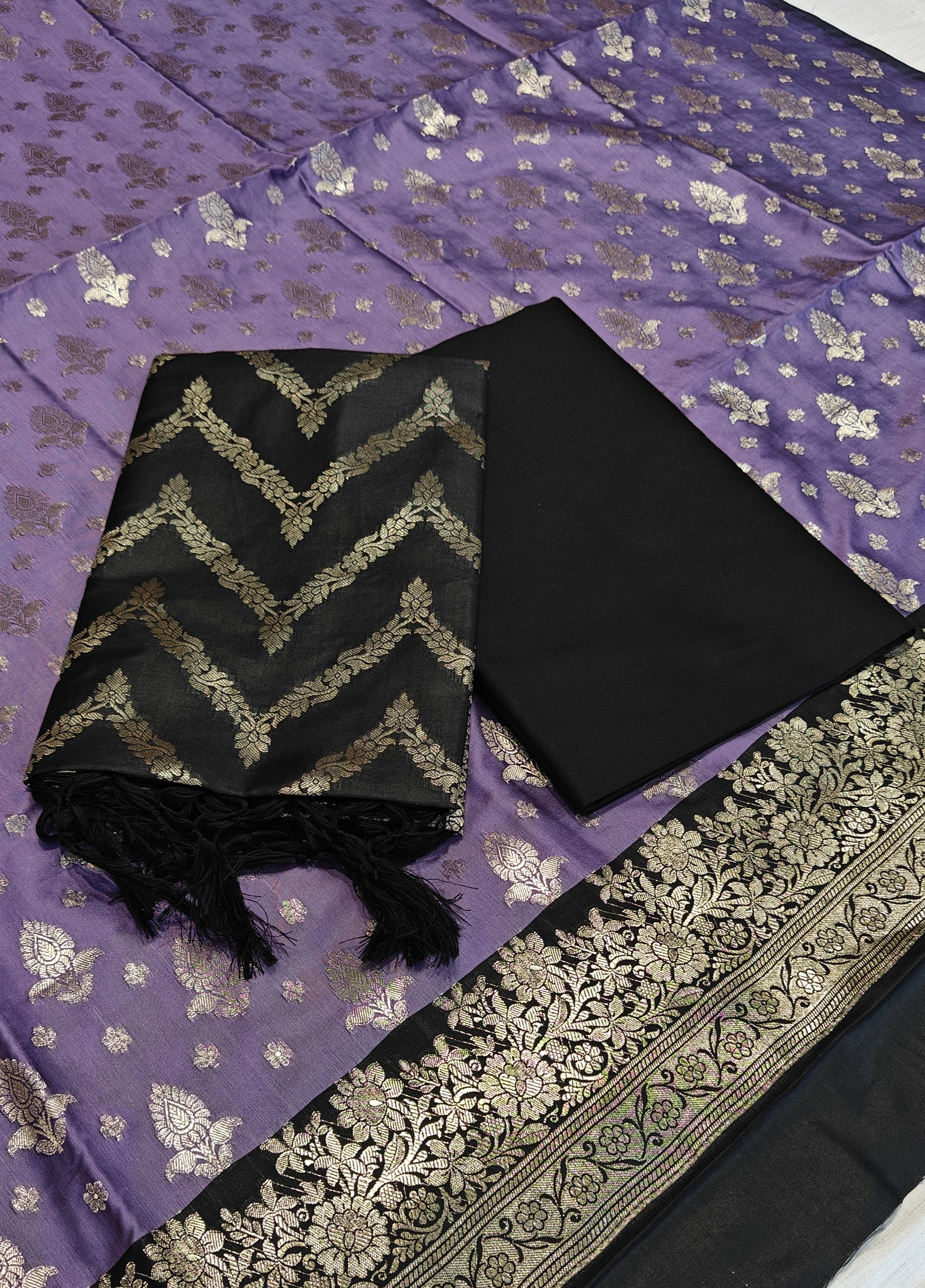Banarasi soft silk suit in lavender and black colour combination