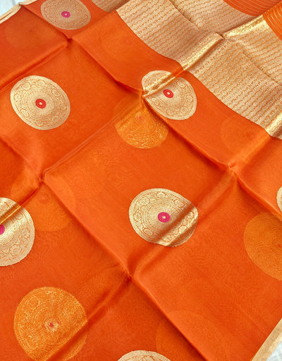 Pure handloom Kora silk saree with Meenakari in beautiful orange colour