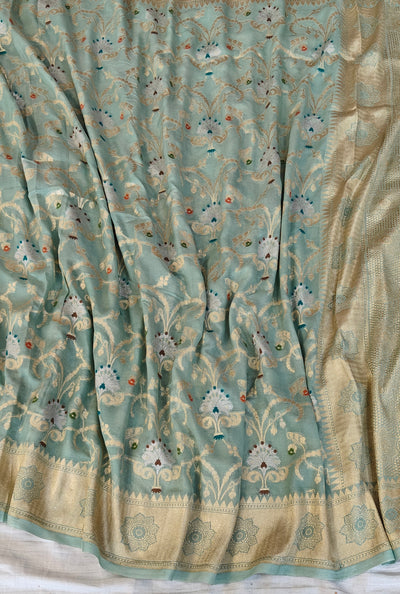 Premium pure georgette banarasi saree in sea green colour with multiple meenakari work