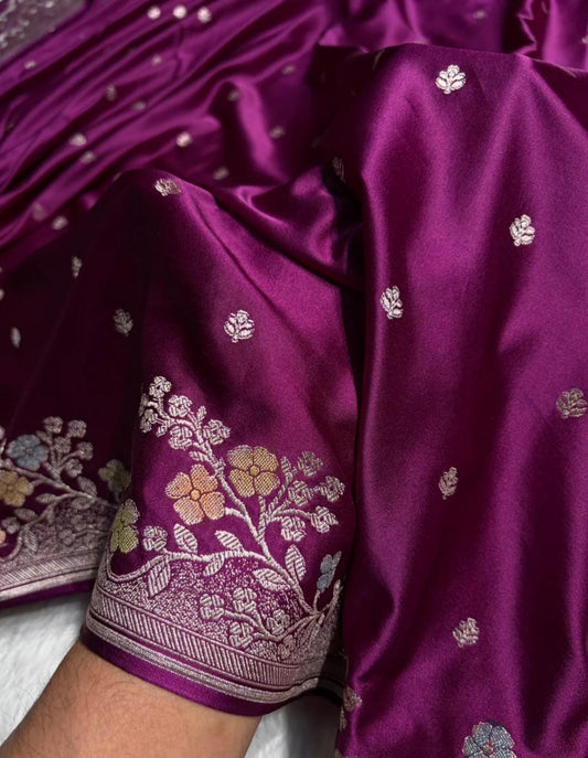 Banarasi Mashru silk saree in magenta colour with handbrush paint work