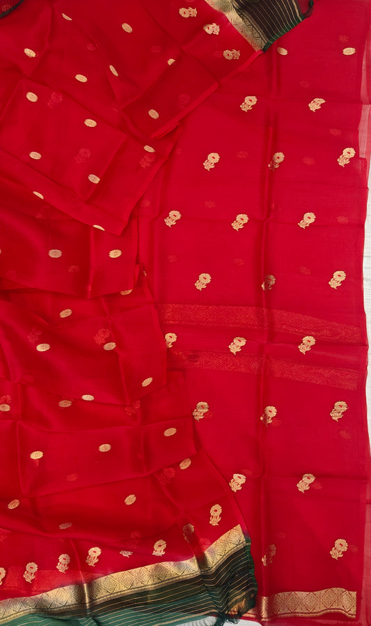 Pure Handloom Kora silk suit set in blood red colour