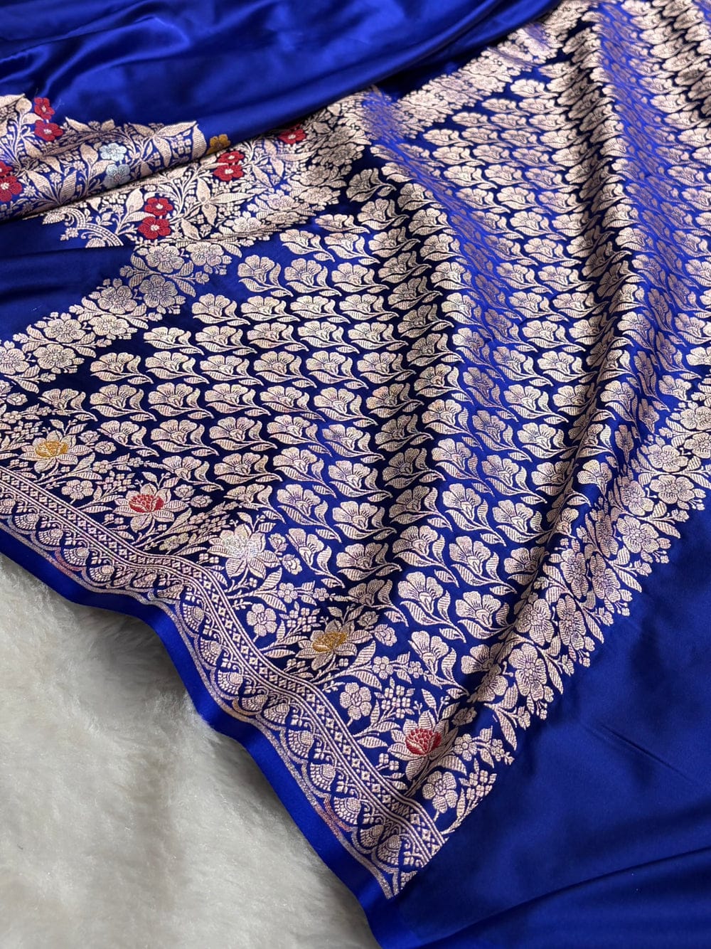 Banarasi Mashru silk meena kari work saree in royal blue colour