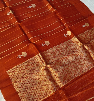 Pure handloom kora silk saree in stripes design with meenakari work in rust orange colour