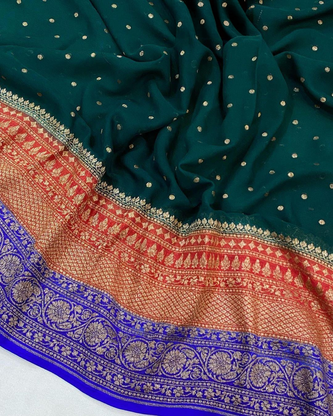Pure georgette banarasi saree in three colour combinations (3D) with antic zari work