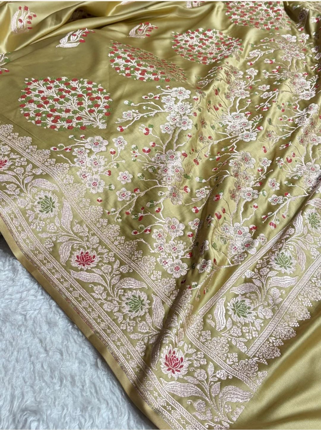 Banarasi Mashru silk meena kari work saree in pista colour