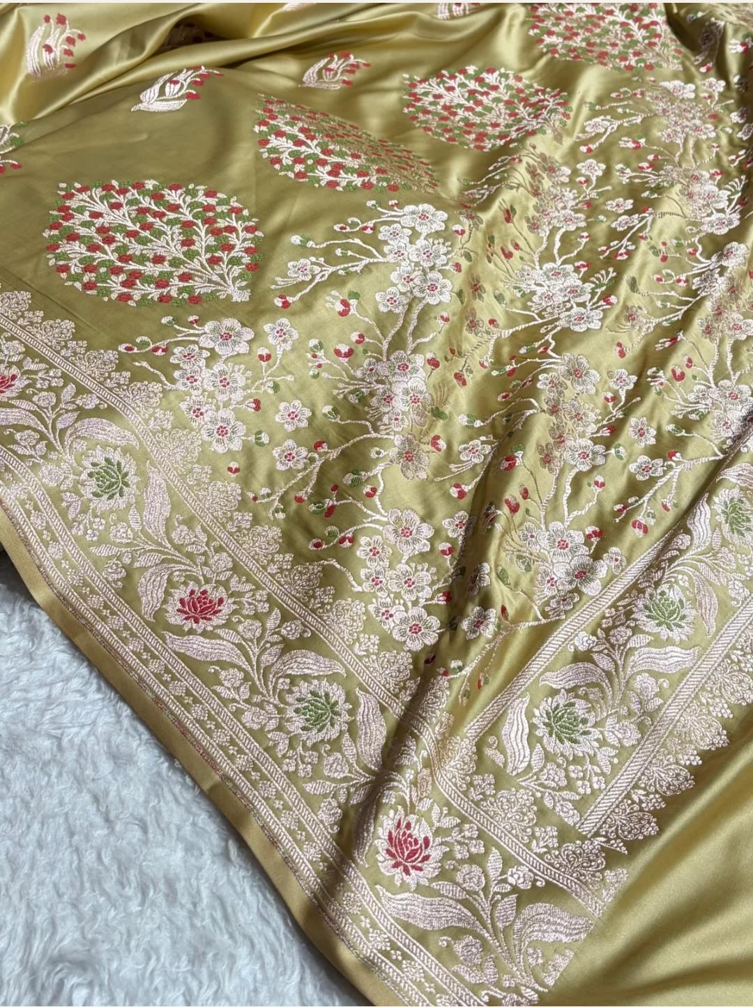 Banarasi Mashru silk meena kari work saree in pista colour