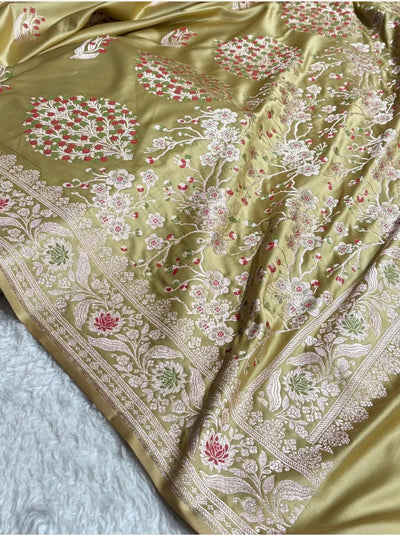 Banarasi Mashru silk meena kari work saree in pista colour