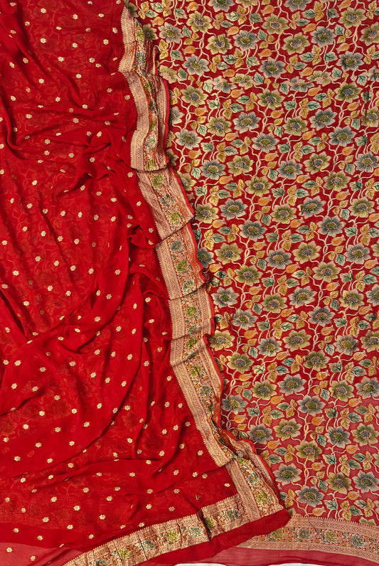 Banarasi Georgette Hand Brush Suit Set in red colour