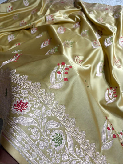 Banarasi Mashru silk meena kari work saree in pista colour