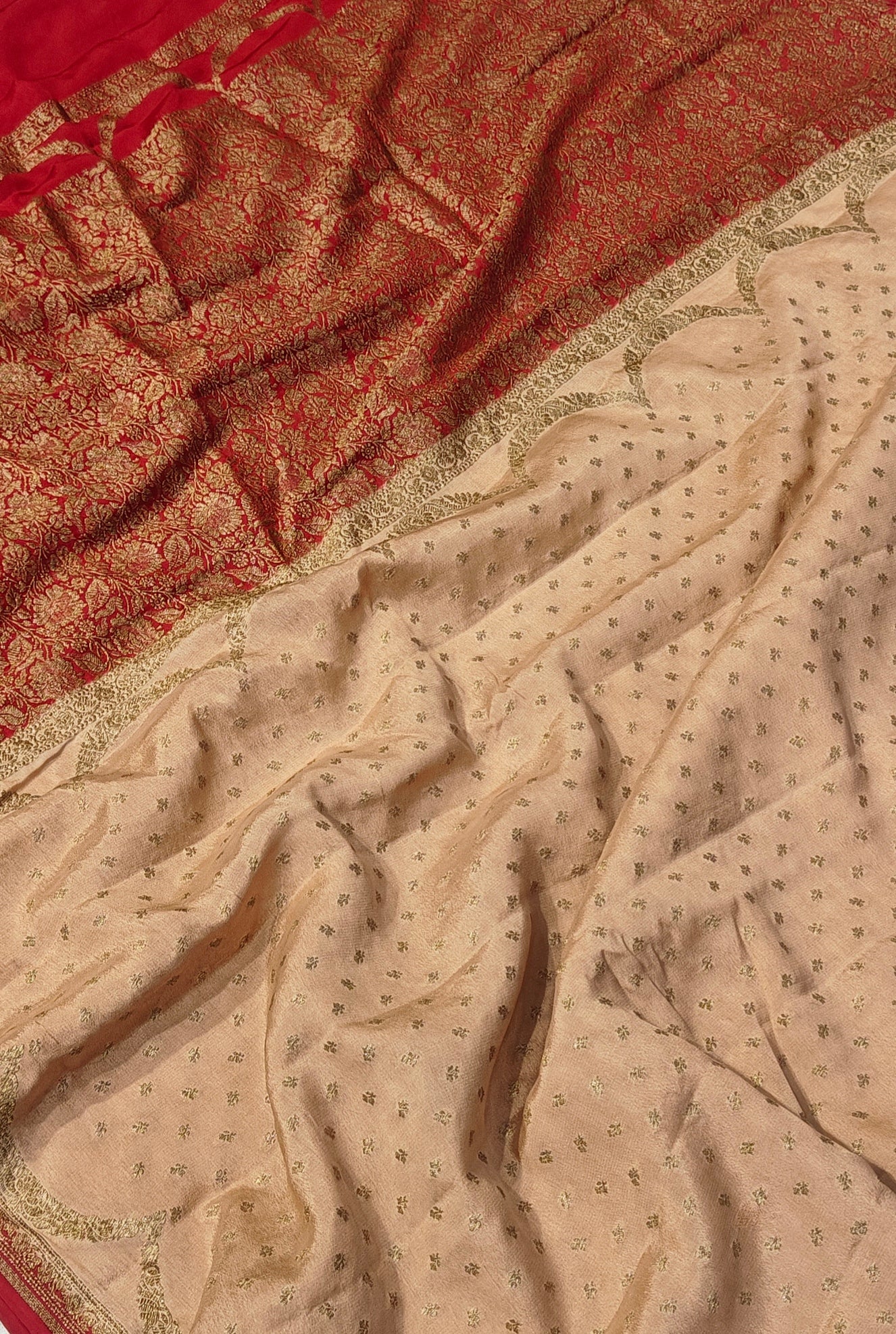 Pure khaddi crepe silk saree laheriya border design with monopoly blouse piece design in off white with blood red