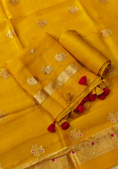 Pure Handloom Kora silk suit set in mustar yellow colour with meenakari work