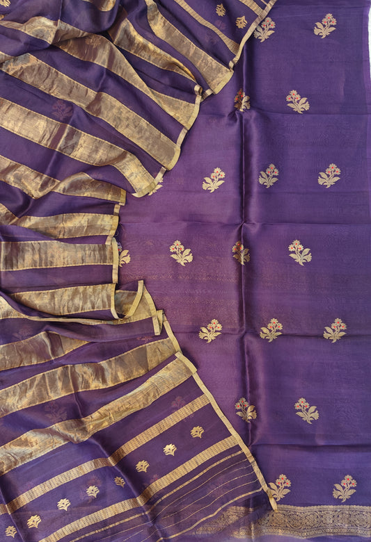 Pure Handloom Kora silk suit set in purple colour