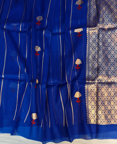 Pure handloom kora silk saree in stripes design with meenakari work in royal blue colour
