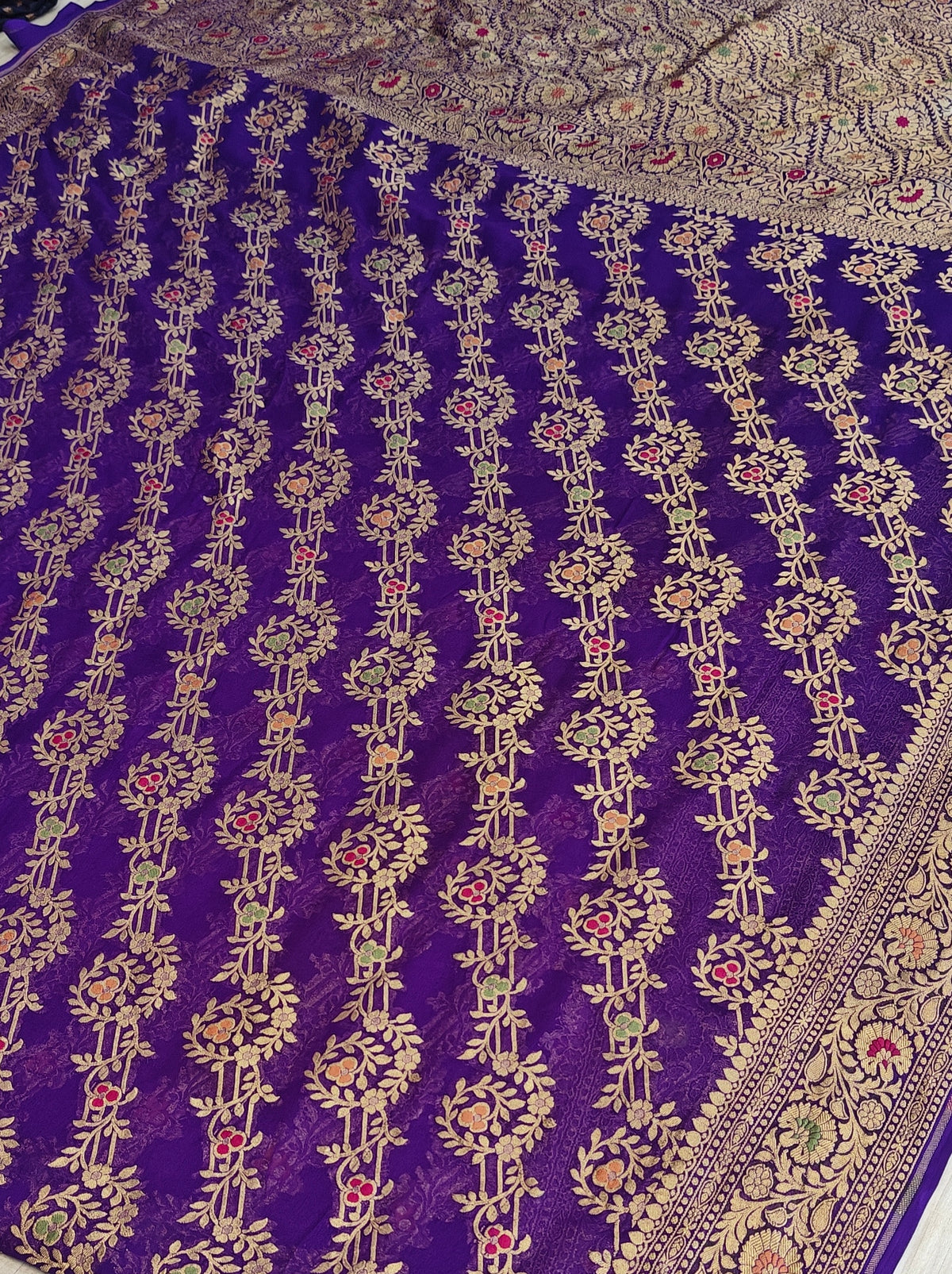 Pure georgette banarasi saree in purple colour with multiple meenakari work