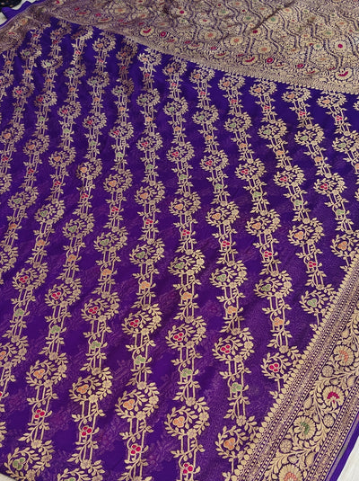 Pure georgette banarasi saree in purple colour with multiple meenakari work