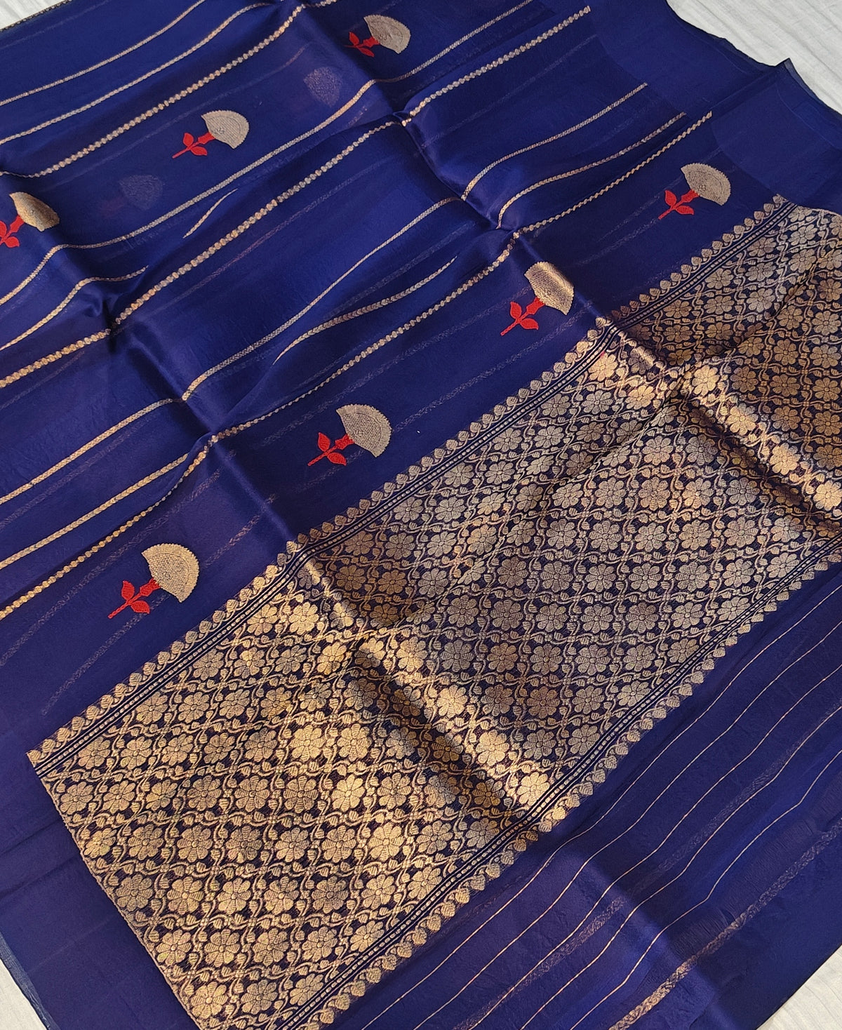 Pure handloom kora silk saree in stripes design with meenakari work in navy blue colour