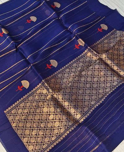 Pure handloom kora silk saree in stripes design with meenakari work in navy blue colour