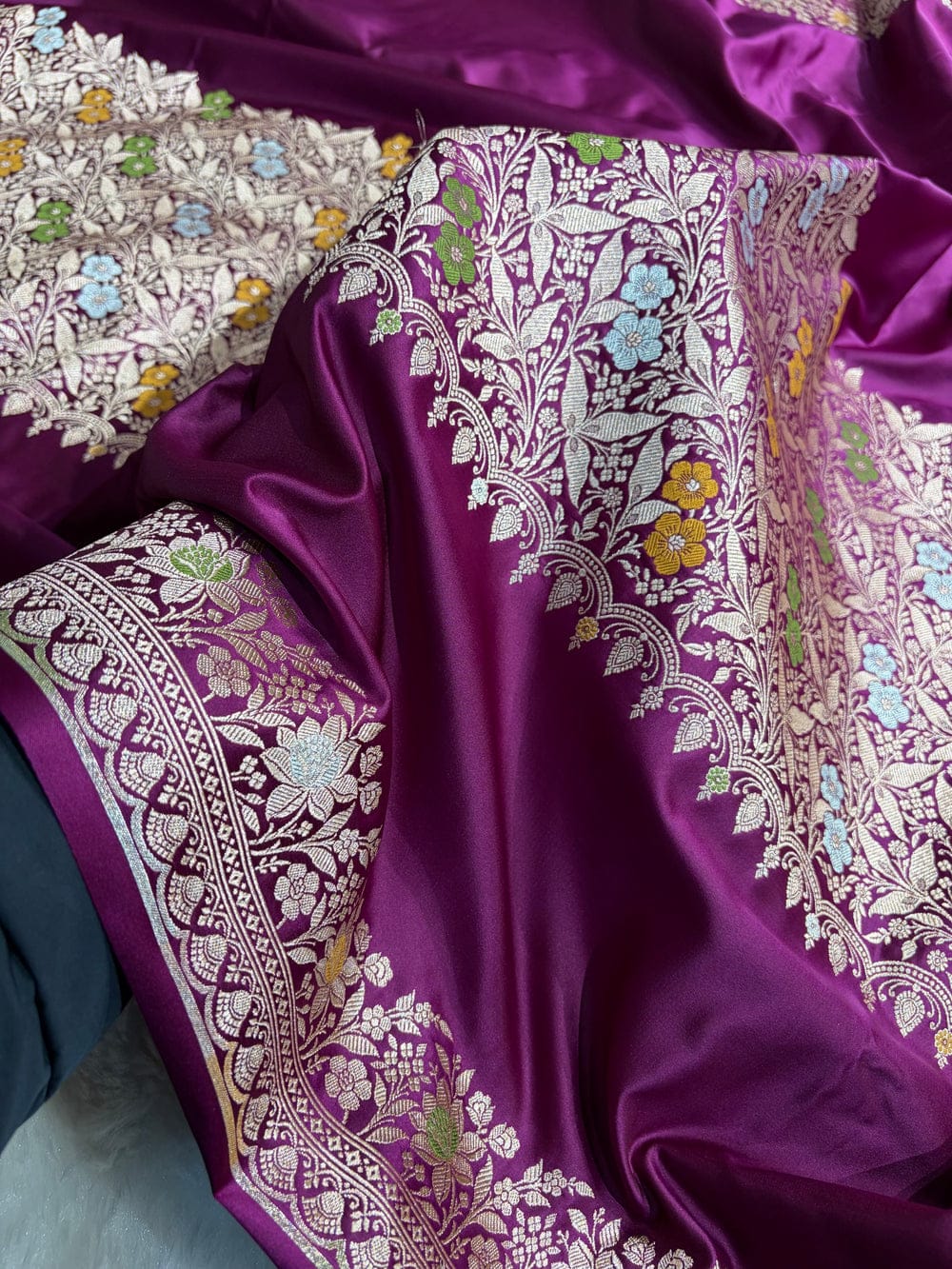 Banarasi Mashru silk meena kari work saree in magenta colour