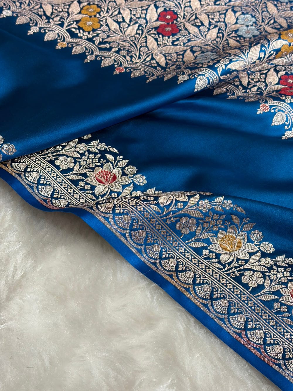 Banarasi Mashru silk meena kari work saree in peacock blue colour