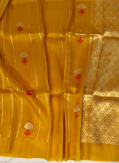 Pure handloom kora silk saree in stripes design with meenakari work in mustard colour