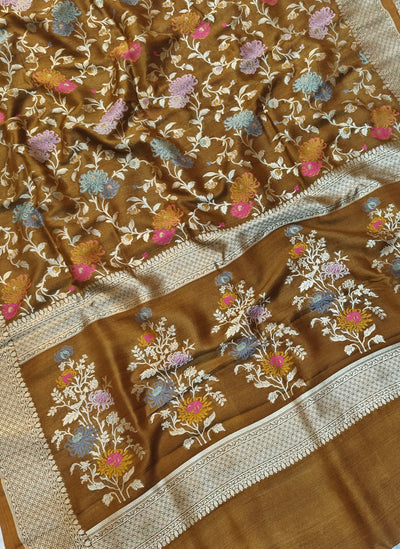 Premium Pure tussar banarasi saree in brown colour with multiple meenakari work