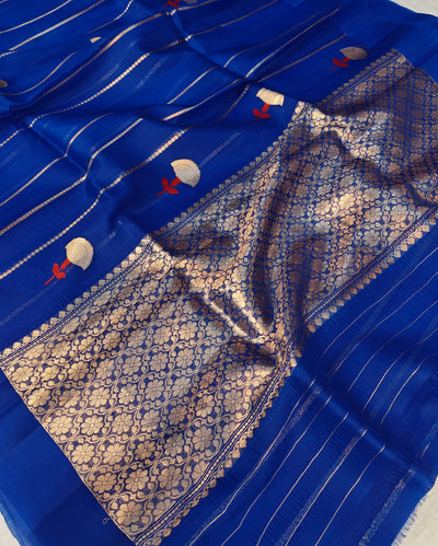 Pure handloom kora silk saree in stripes design with meenakari work in royal blue colour