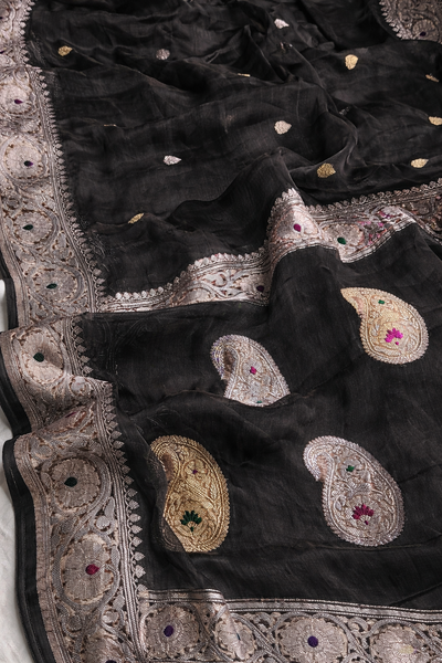 BLACK COLOUR PURE KHADDI CHIFFON TISSUE SILK SAREE
