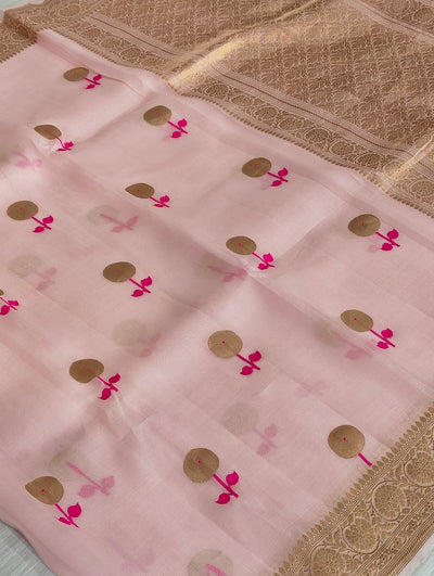 Pure handloom Kora silk saree with Meenakari in beautiful baby pink colour