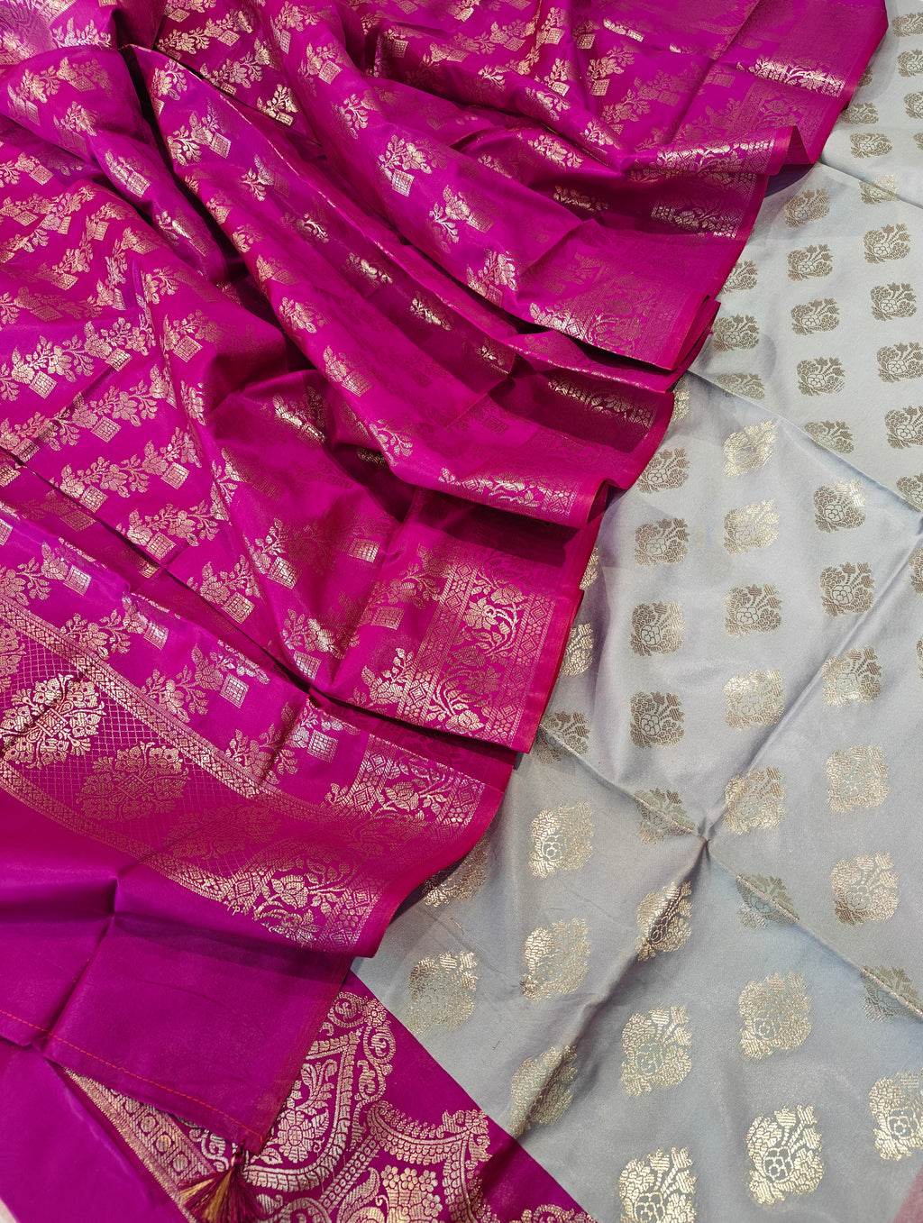 Banarasi soft silk suit in grey and Rani colour combination