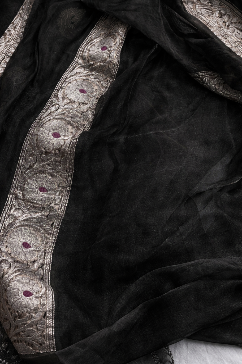 BLACK COLOUR PURE KHADDI CHIFFON TISSUE SILK SAREE