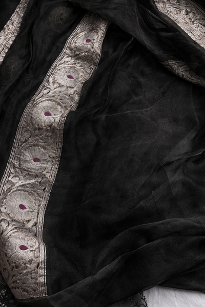 BLACK COLOUR PURE KHADDI CHIFFON TISSUE SILK SAREE