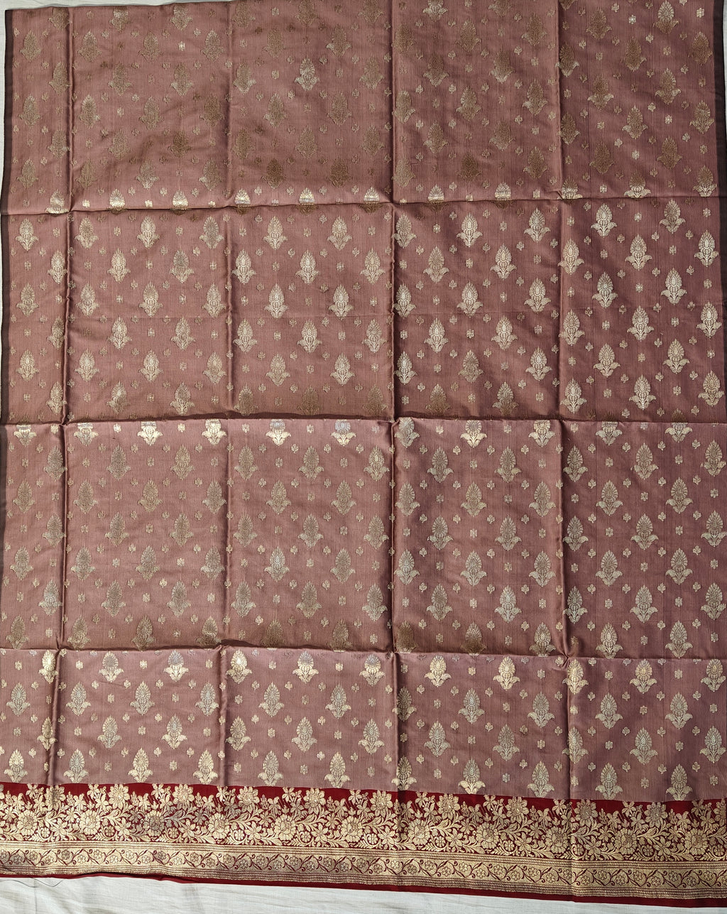 Banarasi soft silk suit in Tea Rose and Red colour combination