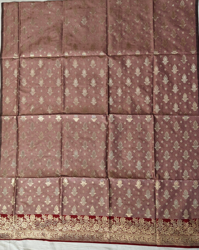 Banarasi soft silk suit in Tea Rose and Red colour combination