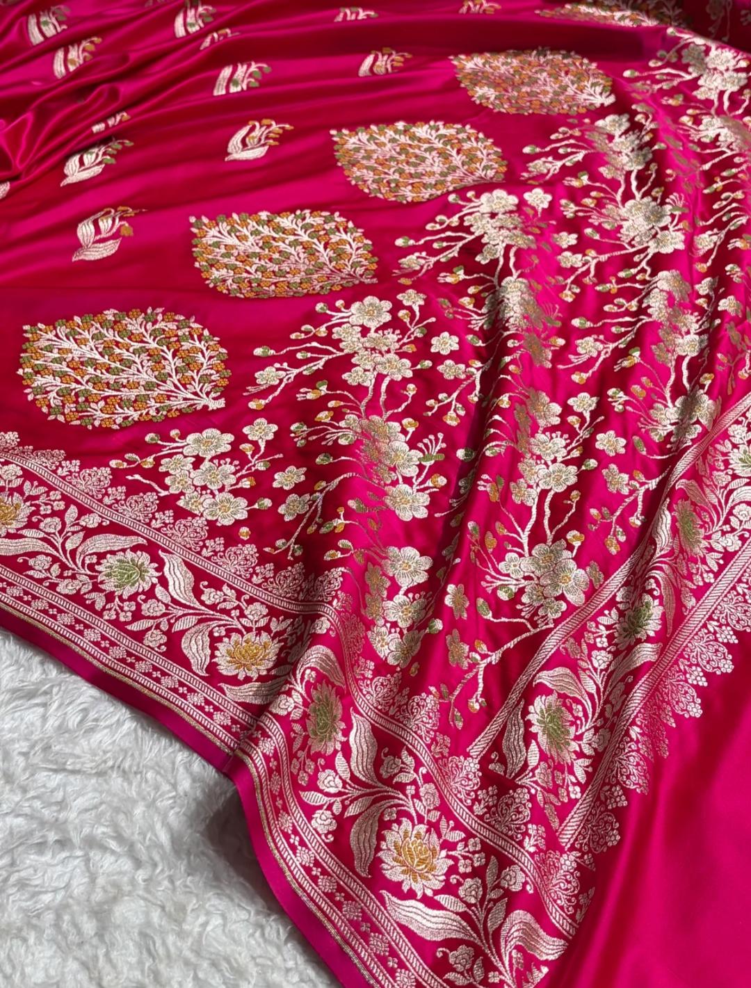 Banarasi Mashru silk meena kari work saree in cherry red colour