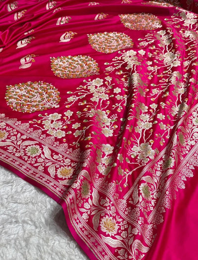 Banarasi Mashru silk meena kari work saree in cherry red colour