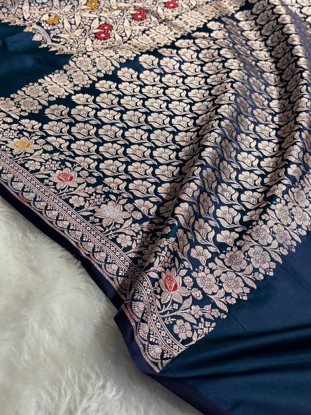 Banarasi Mashru silk meena kari work saree in German blue colour